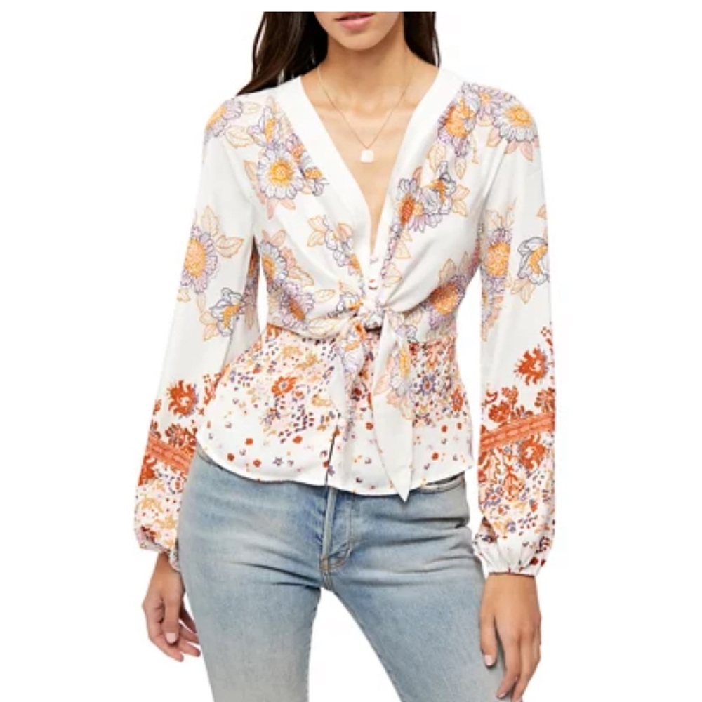 Free People Run Free Tunic Top Floral Print Balloon Sleeve Boho Size Small S